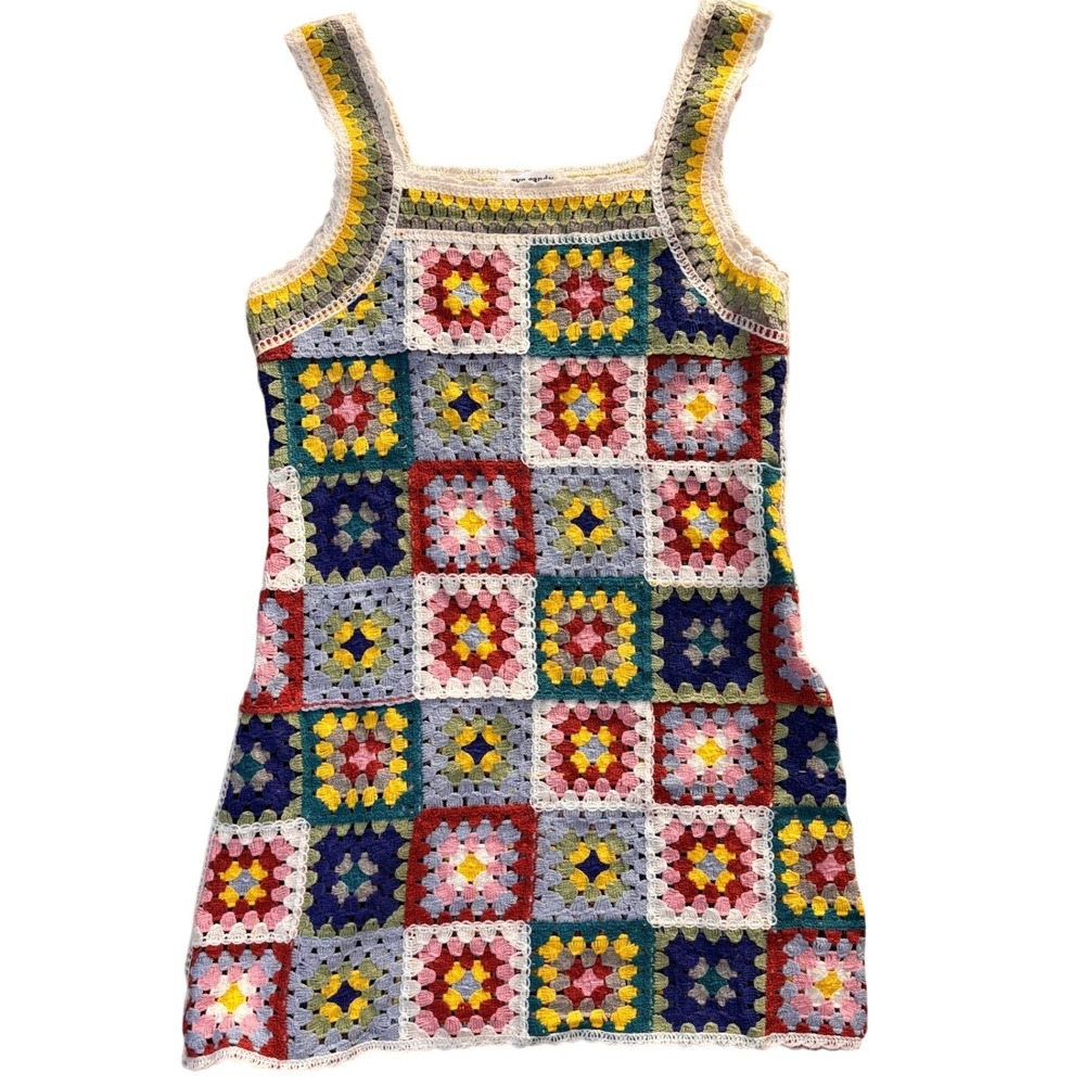 Eye Candy Crochet Granny Square Mini Dress Multi Color Boho Sleeveless One Size